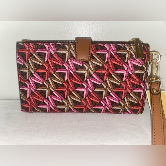 NEW! NWT MICHAEL KORS Jet Set Double Zip MK Logo Wristlet Brown Multi - Picture 2 of 5